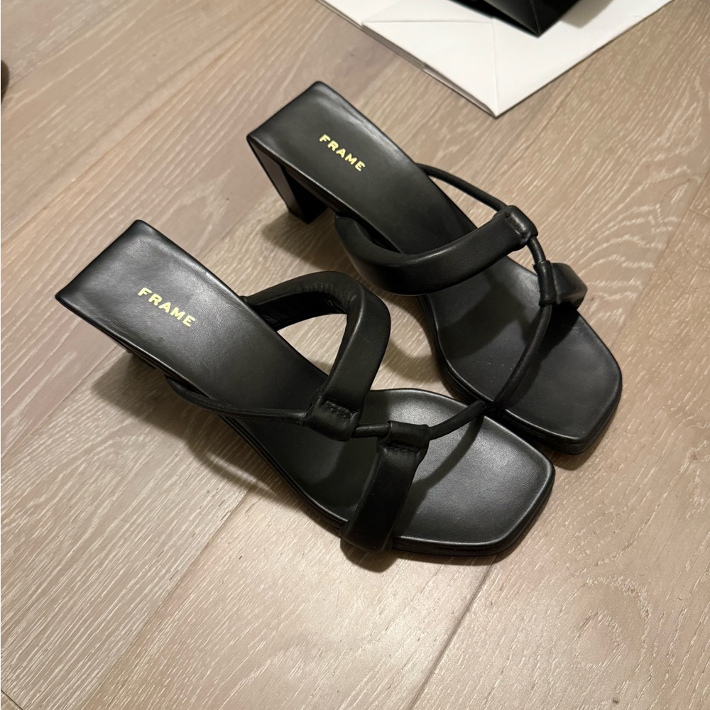 Frame Denim Black Strappy Block Heel Sandals